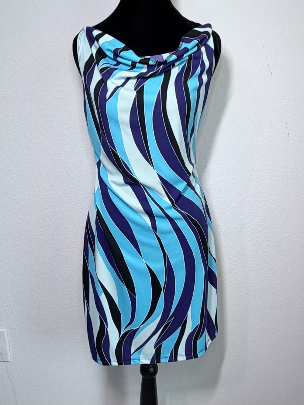 Y2K PS Per Seption Blue Purple Abstract Print Cowl Neck Mini Dress M